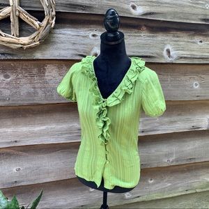 Trina Turk Tay Apple Green Blouse Size Small Shirt Ruffled Collar Y2K
